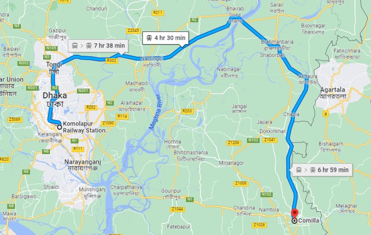 Comilla to Dhaka Train Route Map