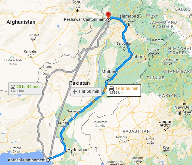 Peshawar Cantonment to Karachi Cantonment Train Route Map