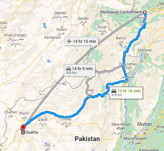 Peshawar Cantonment to Quetta Train Route Map